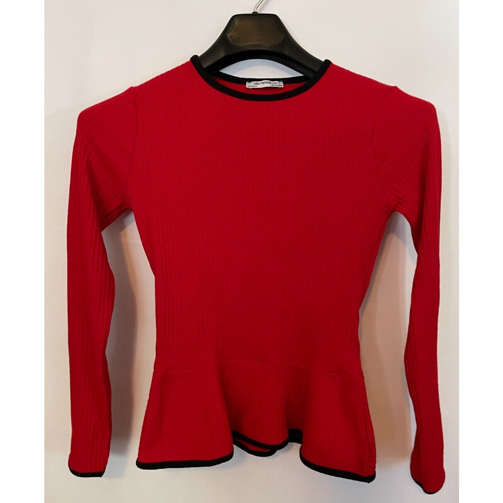 Zara Red Long Sleeve Sweater black Trim Peplum Size M
